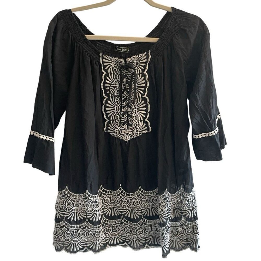 Love Stitch Black Embroidered Boho Lace Up Blouse Top Women’s Sz Small Festival